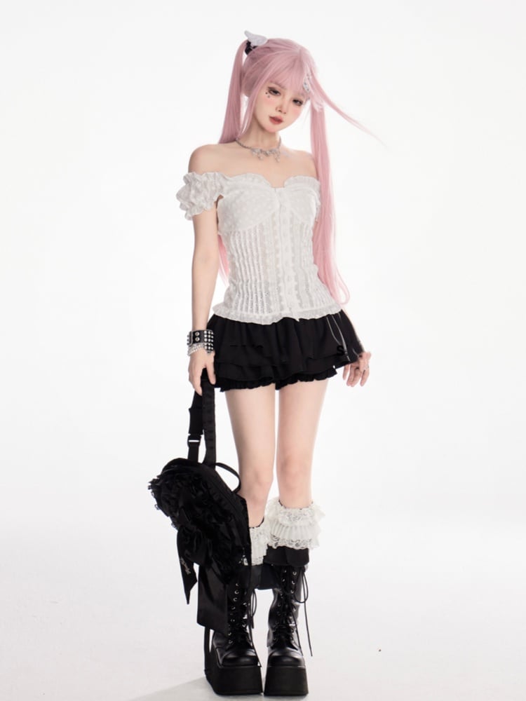 VネックTシャツ ホワイト オフショルダー ネックライン パフスリーブ スイート