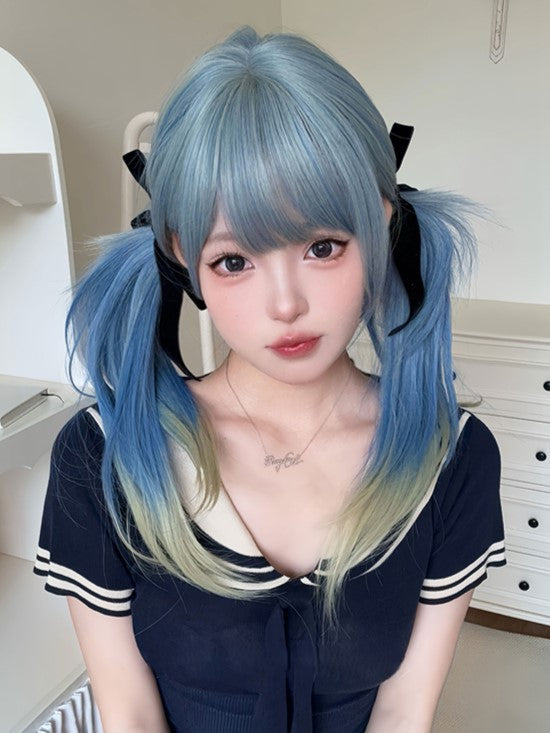 Color Ombre 65CM Bangs Wig Straight Blue With Air Hair Cut Hime Length