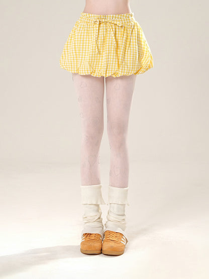 Yellow/Red Plaid Drawstring Waist Bubble Skirt