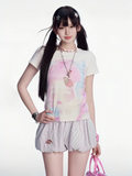 T-Shirt Y2K Cartoon Girl Print Weiß Rundhalsausschnitt Slim-Fit