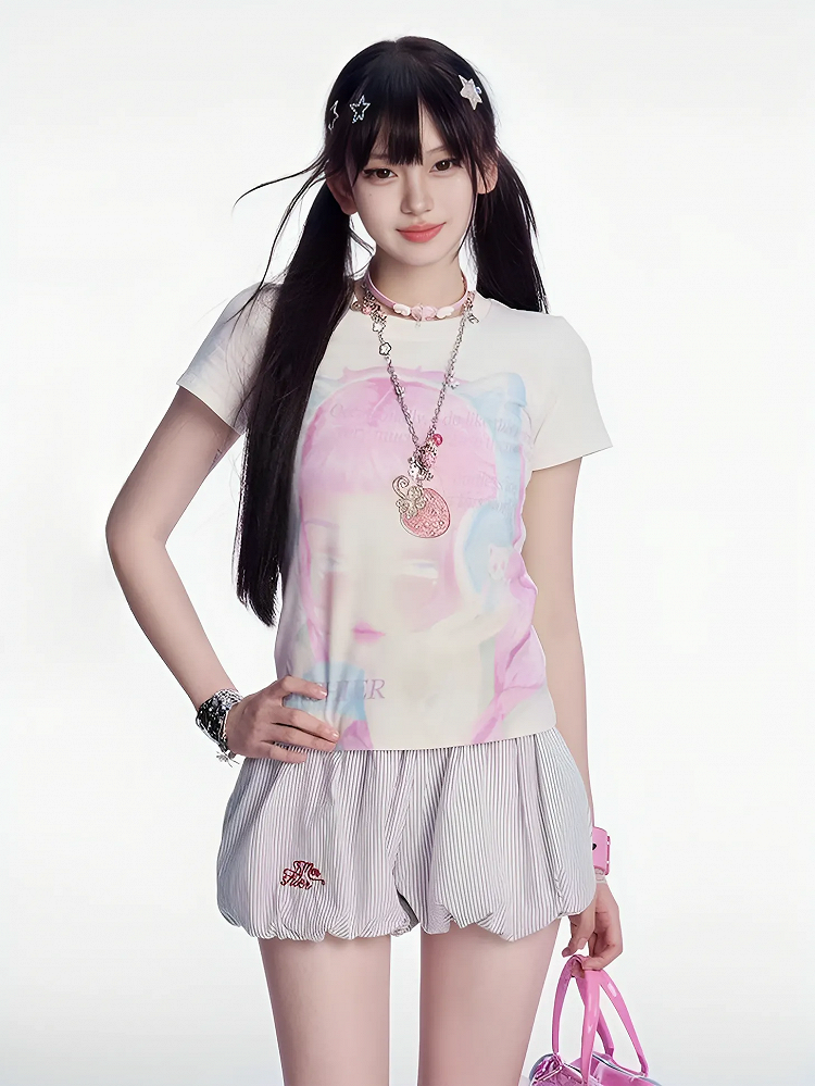 T-Shirt Y2K Cartoon Girl Print Weiß Rundhalsausschnitt Slim-Fit