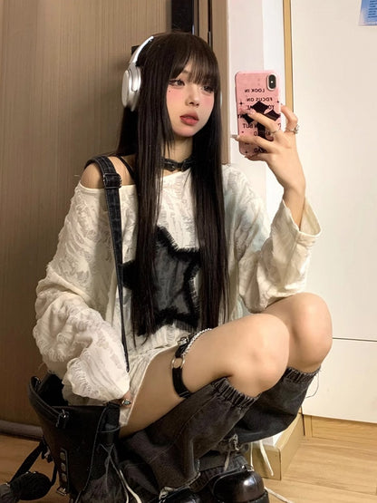 White with Graphic Detail Hole Hem Top Off-Shoulder Tie Star Distressed