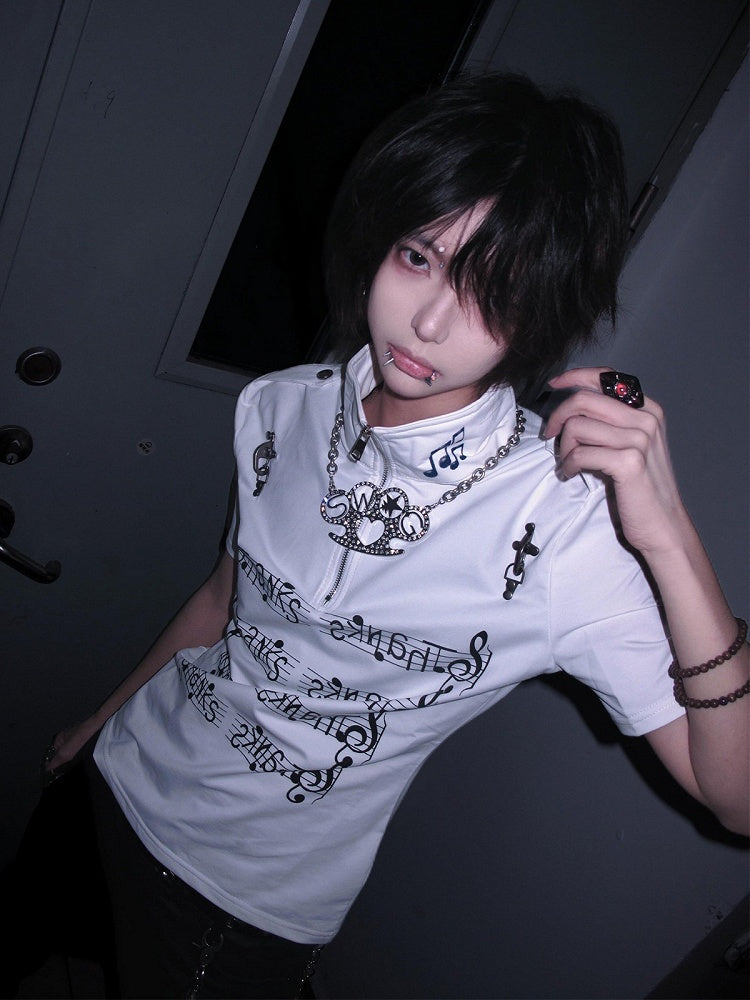 Music Note Print Short Sleeve T-Shirt - y2k QUEEN