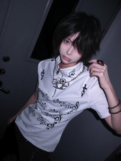 Music Note Print Short Sleeve T-Shirt - y2k QUEEN