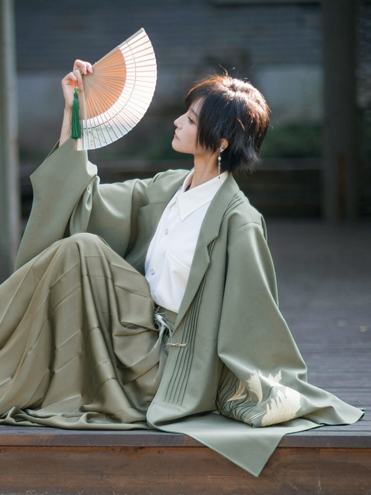 Han-inspired with Green Unisex Coat Pleating Details