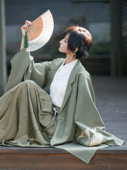Han-inspired with Green Unisex Coat Pleating Details