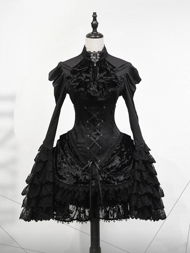 Long Sleeves Shirt Gothic High Boned Black Set All Lolita - Bell + Full Tie Mini Hat Jabot Skirt Waist