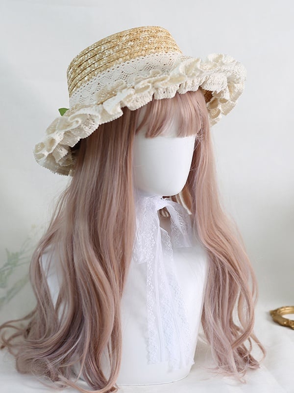 Bowknot Country Lace Lolita Tulip Straw Trim Green Ribbons Hat with