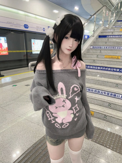 Print Sweater Pink with Gray Lace Off-Shoulder Rabbit