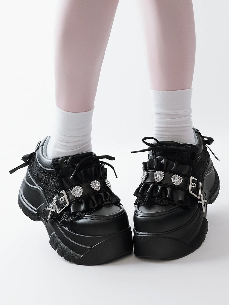 Rhinestone at Heart Ruffles Back Kei Closure Platforms Black Decor Trim Crystal Jirai - with Lace-up