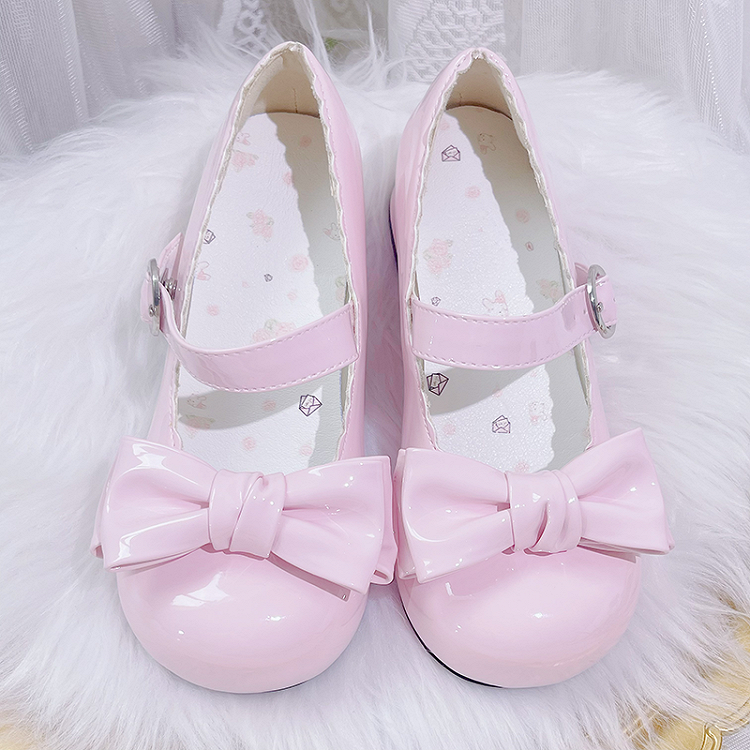 Sweet Lolita Mary Janes à bout rond et talon carré et nœud papillon rose
