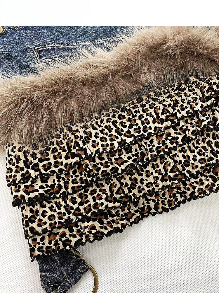 レオパードヘムパッチワークデニムハイウエストスカート