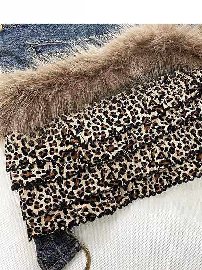 レオパードヘムパッチワークデニムハイウエストスカート