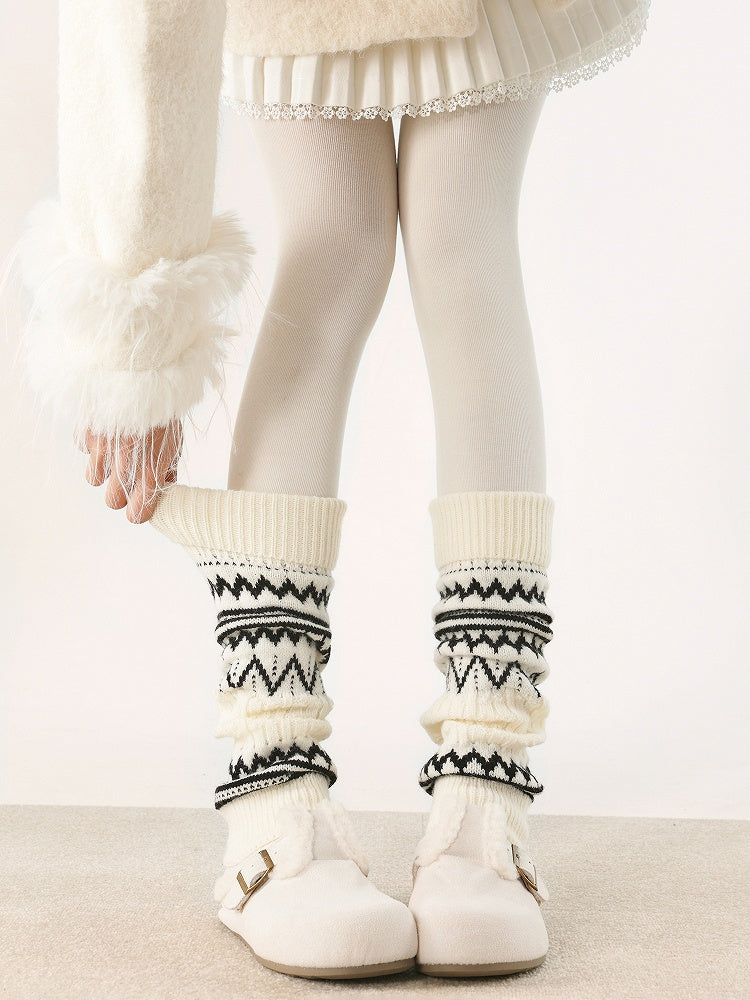 Creamy Pattern Geometric Retro Knitted Striped White/Dark Leg Warmers Gray/Black