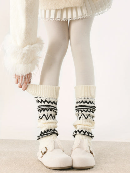 Creamy Pattern Geometric Retro Knitted Striped White/Dark Leg Warmers Gray/Black