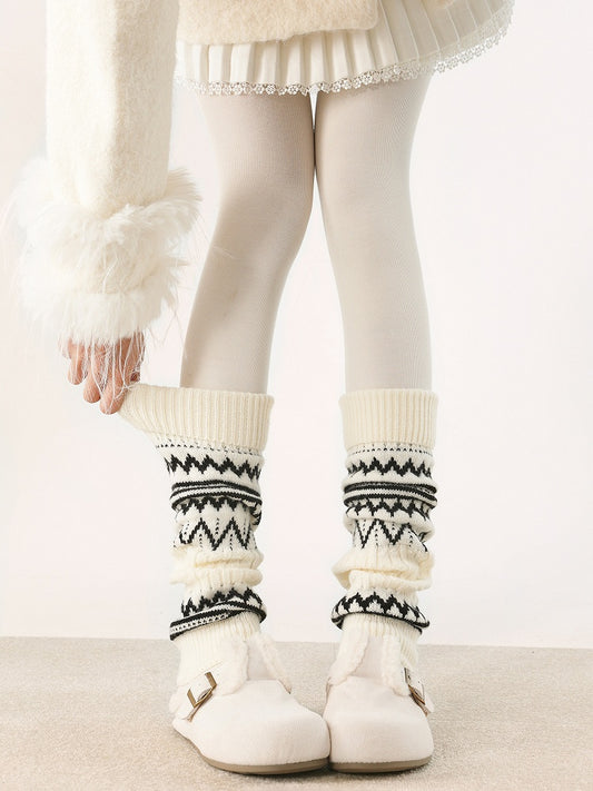 Creamy Pattern Geometric Retro Knitted Striped White/Dark Leg Warmers Gray/Black
