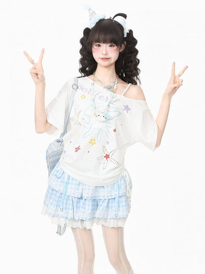 White Pegasus Print Asymmetric Shoulder T-Shirt with Rhinestone Details - Languid Park