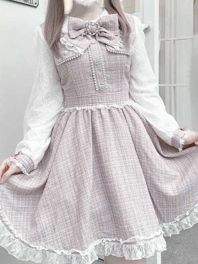 Pink Beadwork Detailed Tweed Dusty Jirai - Kei Dress