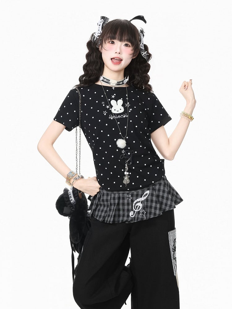 Black Polka Dot Short Sleeve Tee with Bunny Embroidery - Languid Park