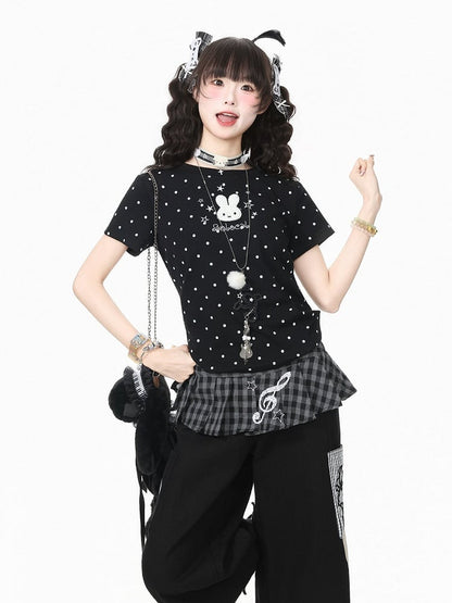 Black Polka Dot Short Sleeve Tee with Bunny Embroidery - Languid Park