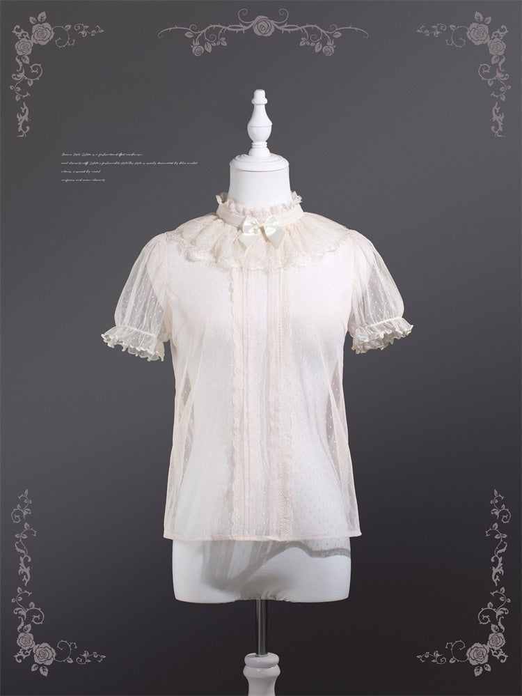 ブラウス ベージュ/ブラック フリル バンドスリーブ レースカラー パフ