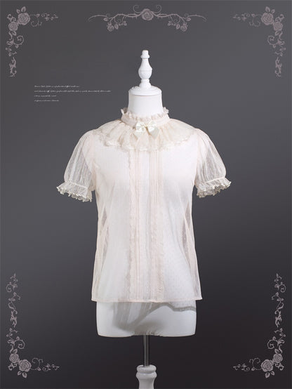 ブラウス ベージュ/ブラック フリル バンドスリーブ レースカラー パフ