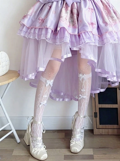 Bow-Accented Sheer Polka-Dot Lolita Over-The-Knee Stockings, Black & White - Milkcat Studio