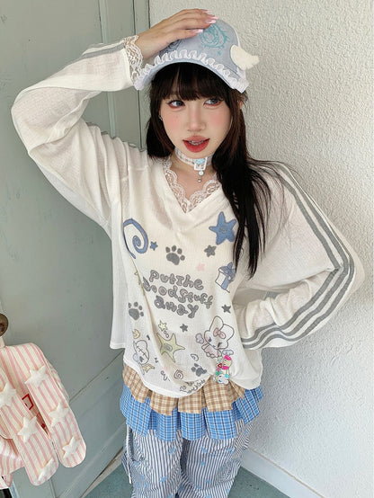 Sleeve White Cartoon Lace Long with Top Print V-neck Trim