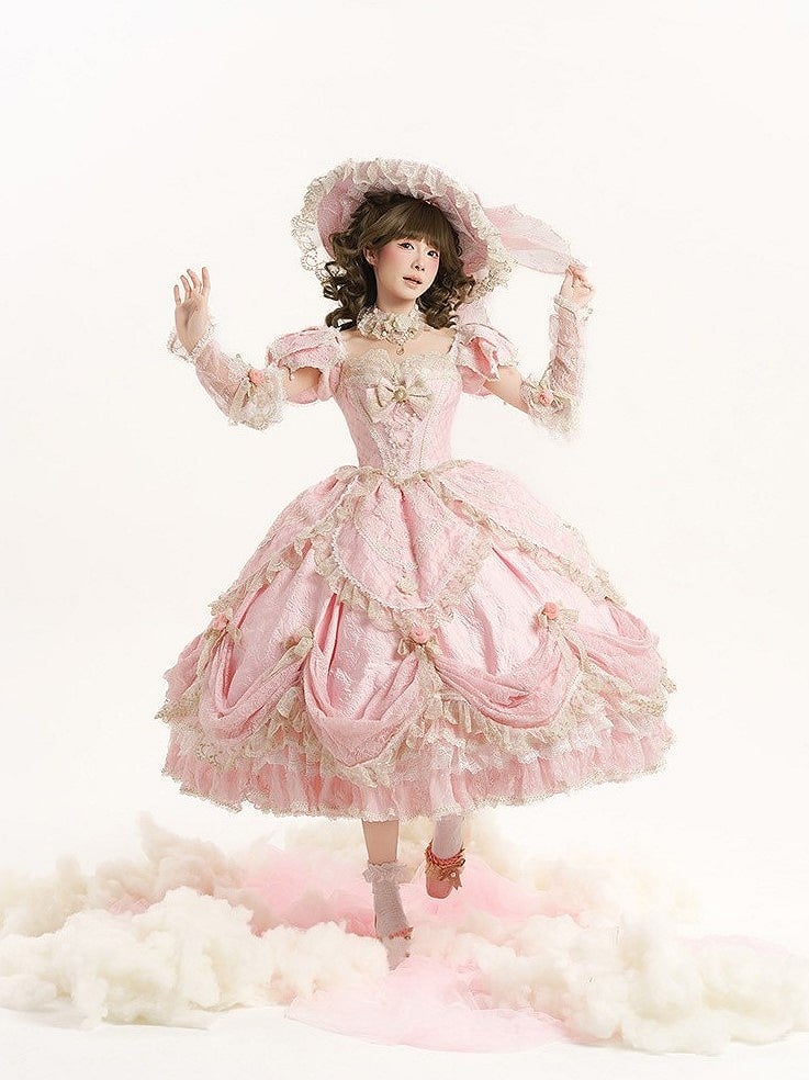 Version Details Ruffles Hanayome Pink Short with and Layered Hime Gown Bow Lace Lolita Off-Shoulder