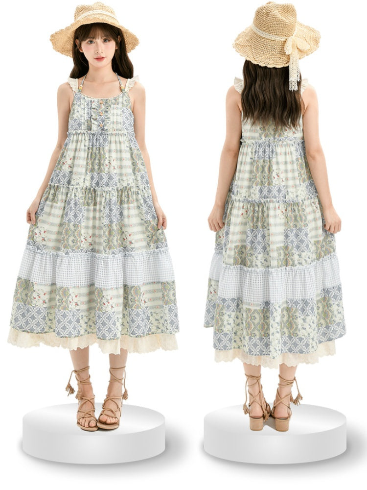 Mori Kei Green Halter Neck Patchwork Design Floral Dress