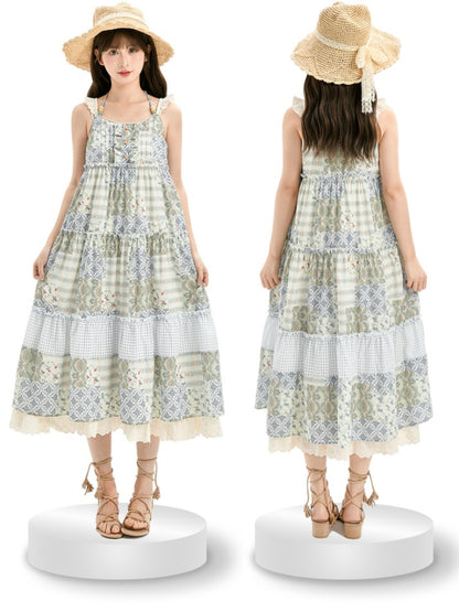 Mori Kei Green Halter Neck Patchwork Design Floral Dress