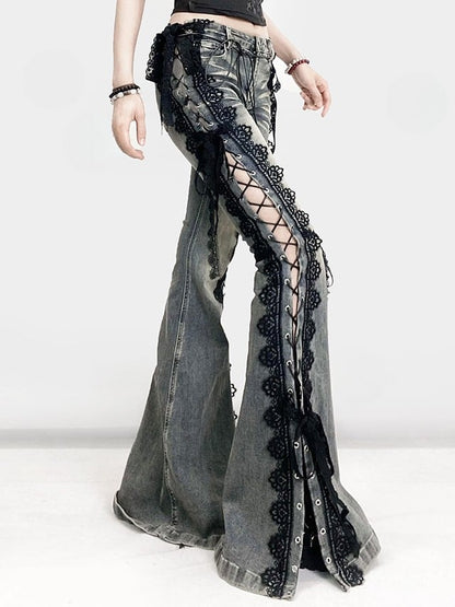 Trim Jeans Lace Blue Bittersweet Detail Flare Glamorous Side Silhouette Lace-up