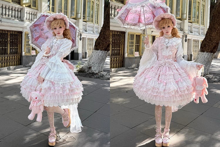 Rosa Lagenrock Hanayome Kleid Süßer Hime Lolita Pulloverrock mit abnehmbaren Schleifen