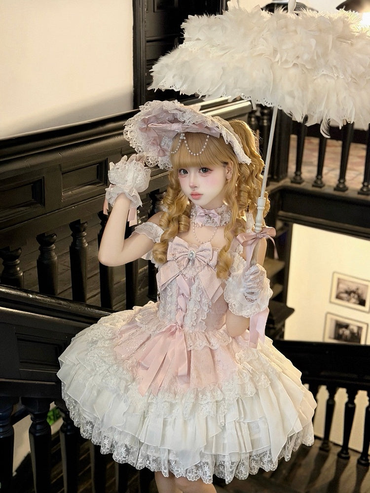 Pink Ballet Style Lace Ruffle Lolita JSK Dress with Bead Chain Bow and Back Bow Set - White Sugar Girl