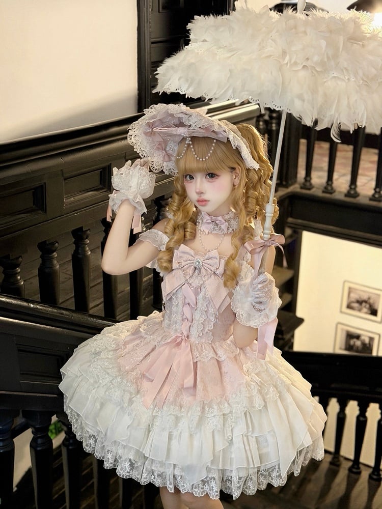 Pink Ballet Style Lace Ruffle Lolita JSK Dress with Bead Chain Bow Details - White Sugar Girl