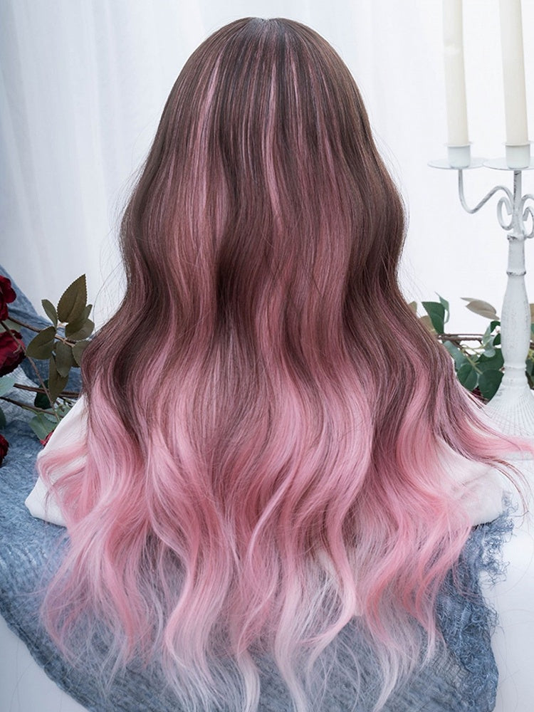 ピンクブラックのオンブレロングウェーブ合成ウィッグ（カーテンバング付き）