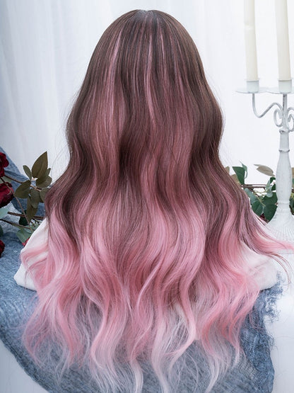 ピンクブラックのオンブレロングウェーブ合成ウィッグ（カーテンバング付き）