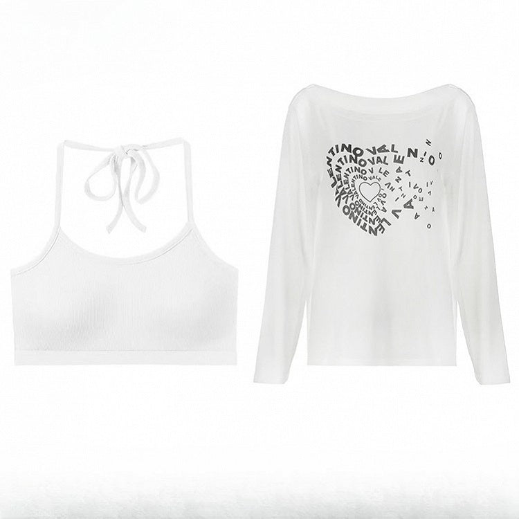 レターとビタースイートプリントのホワイトヘアネックラインアシンメトリー