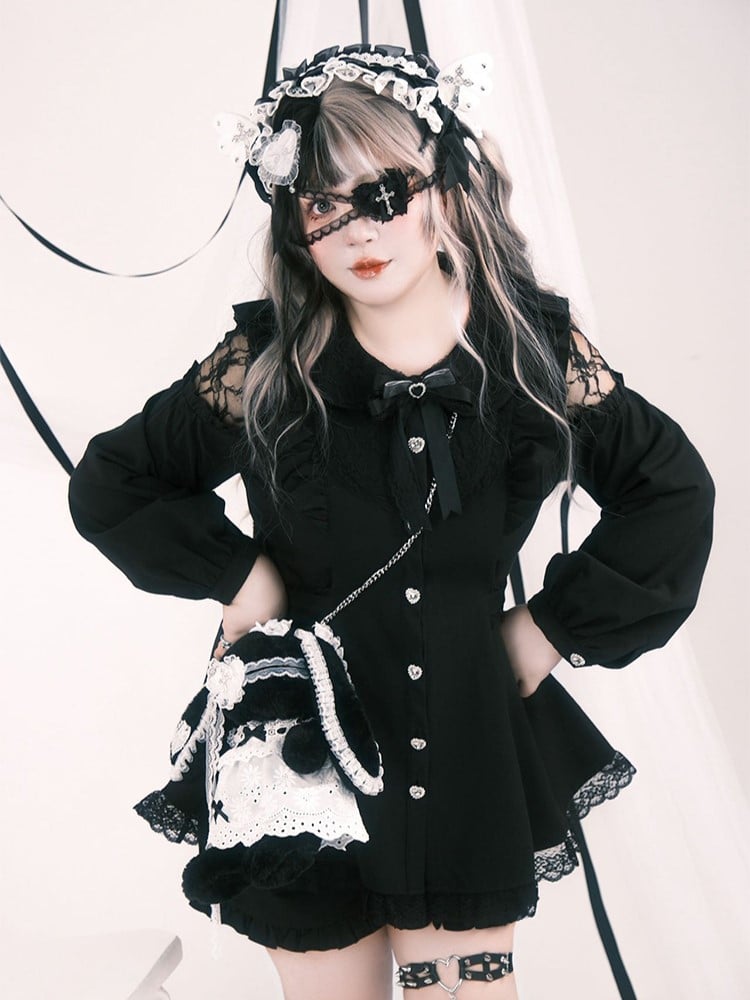 Set: Plus Elastic Open Black Waist Top Size Jirai Shoulder Shorts Kei