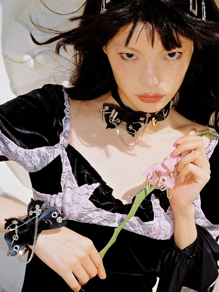 PU Details Black Accents Safety with Punk Chain Pin Studed Butterfly Choker