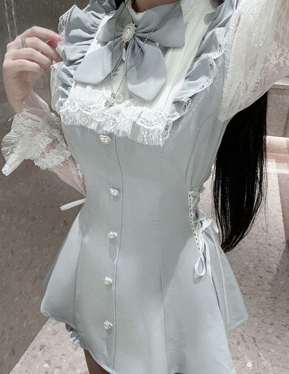 in White Blue/Black Top Light Jirai Juliet Kei Plaid Matching Set: Shorts and Sleeve