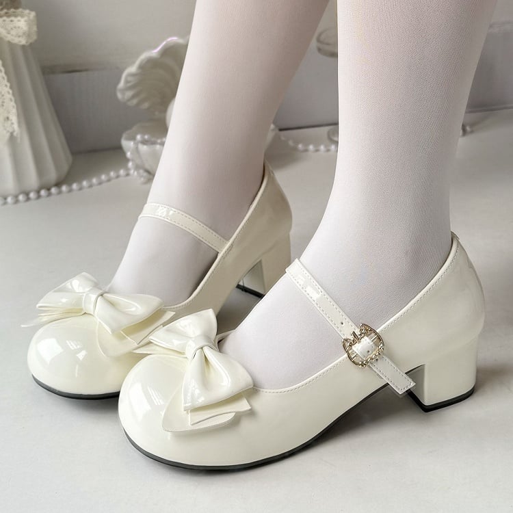 Bow Shoes with PU Buckle Heeled Leather Kitty 4.5cm Jane White Mary Playful - in