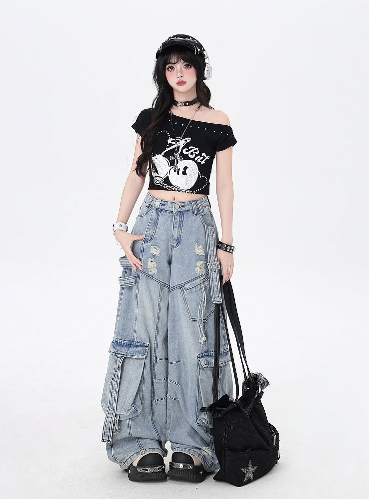 Rise Distressed Holes Jeans Blau Weites Bein Cargo Niedrig