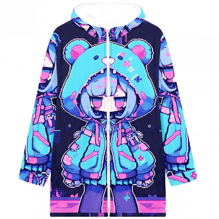Bärendruck Blau Y2K Cartoon Jacke Blaubeere Kapuze