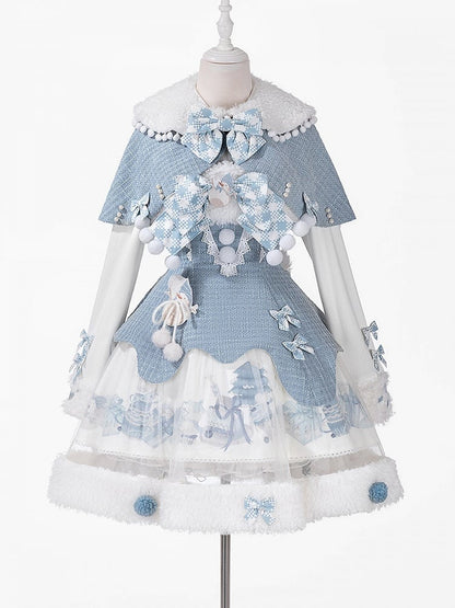 Print Winter Sweet Top Blue Lolita White Cape Snowman Set Knitted + - Tweed JSK