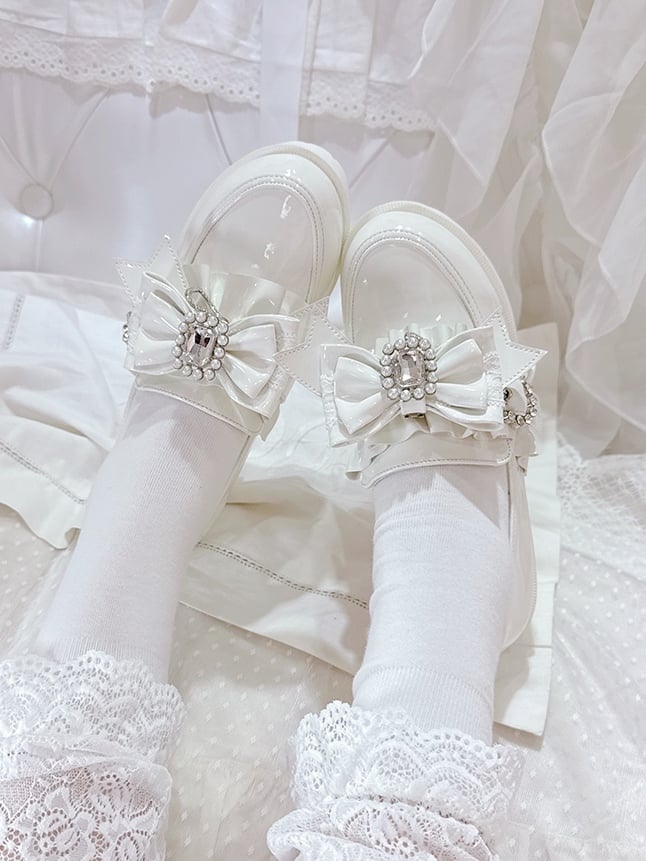 Jirai PU Kei White Bow Bead High Leather Rhinestone Polished Heels with 7.5cm