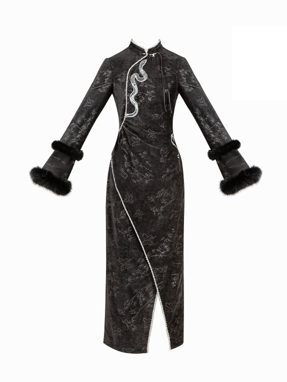 黒のプラッシュカフス、銀色の蛇の刺繍、蝶と竹の葉のチーパオ生地