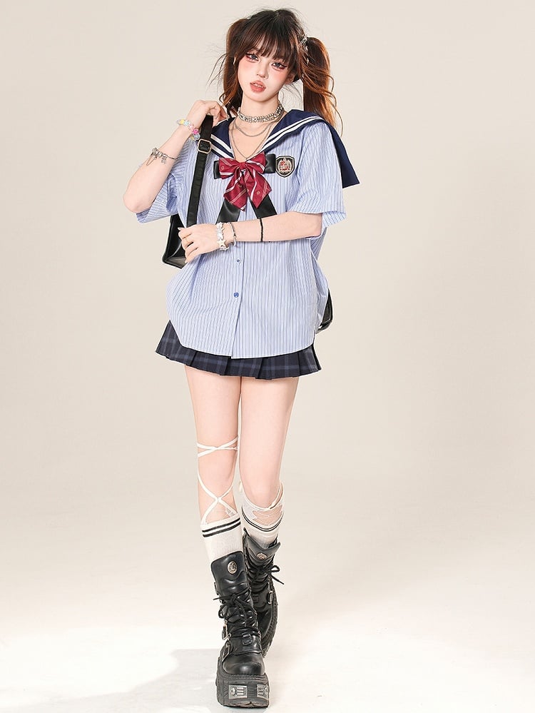 Collar Blue Pattern Bow Daily Sailor With Striped Kawaii Shirt