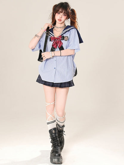 Collar Blue Pattern Bow Daily Sailor With Striped Kawaii Shirt