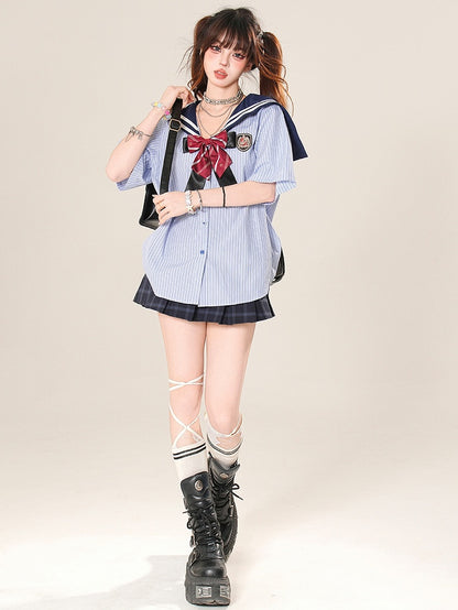 Kawaii Striped With Daily Pattern Bow Blue Sailor Tie Collar Shirt